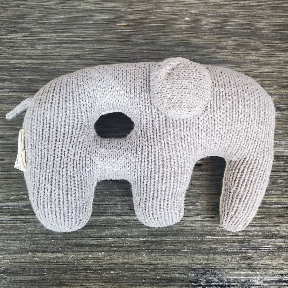 Blabla Knit Elephant Rattle Plush Gray Cream‎ Soft Toy Stuffed Animal 7.25"x5"